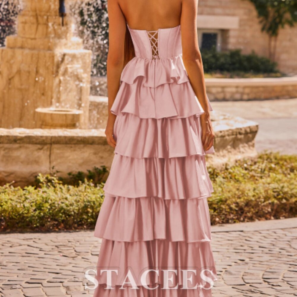 A-line Square Neckline Strapless Corset Ruffle Slit Long Prom Dress with Beads - Picture 2 of 9